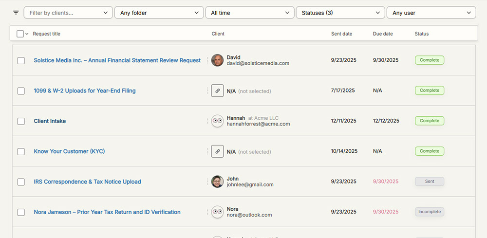 OkaySend dashboard showing client request tracking